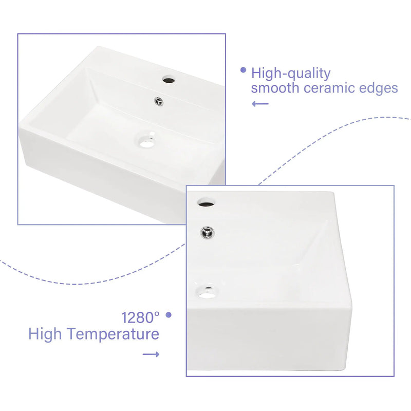 Modern Ceramic Rectangular Wall Mounted Bathroom Sink With Faucet Hole & Overflow by HouseOfZazla