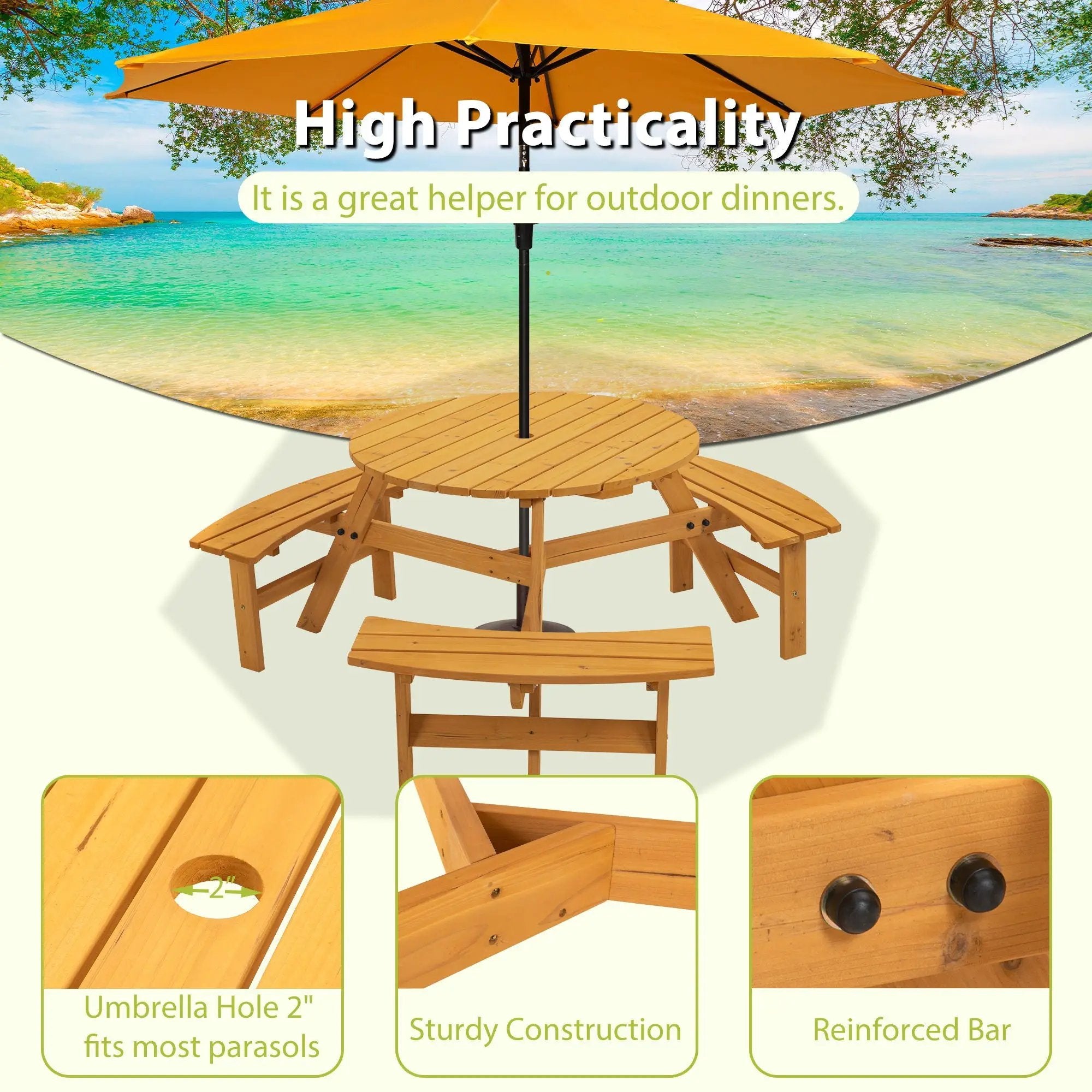6 Person Circular Outdoor Wooden Picnic Table For Patio, Backyard, Garden, Diy With 3 Built-In Benches, 1720Lb Capacity by Unique Piece Furniture
