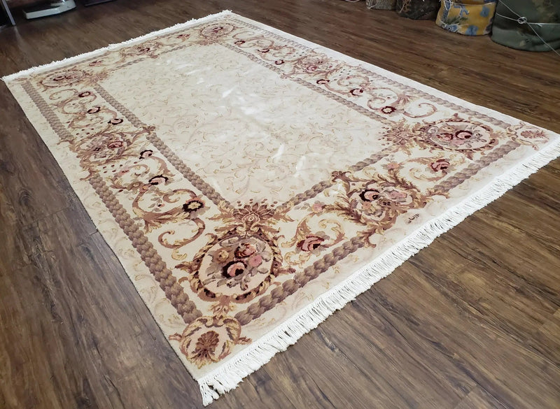 Vintage Ivory Chinese Aubusson Area Rug 6x9, Wool & Silk, Hand-Knotted 120 Line Fine Rug, European Design Carpet, 6 x 9 Master Signature Rug by Jewel Rugs