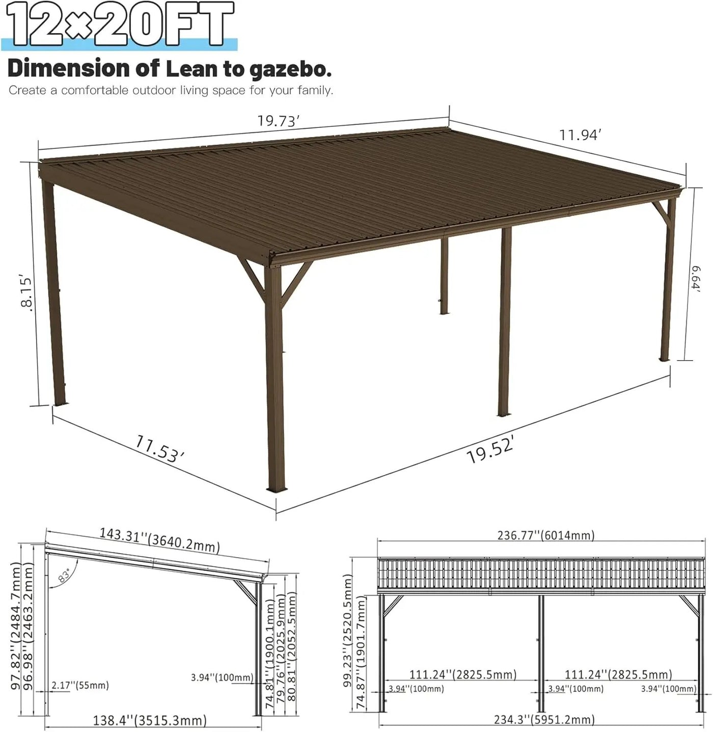 12x20FT Lean To Gazebo with Steel Roof by HouseOfZazla
