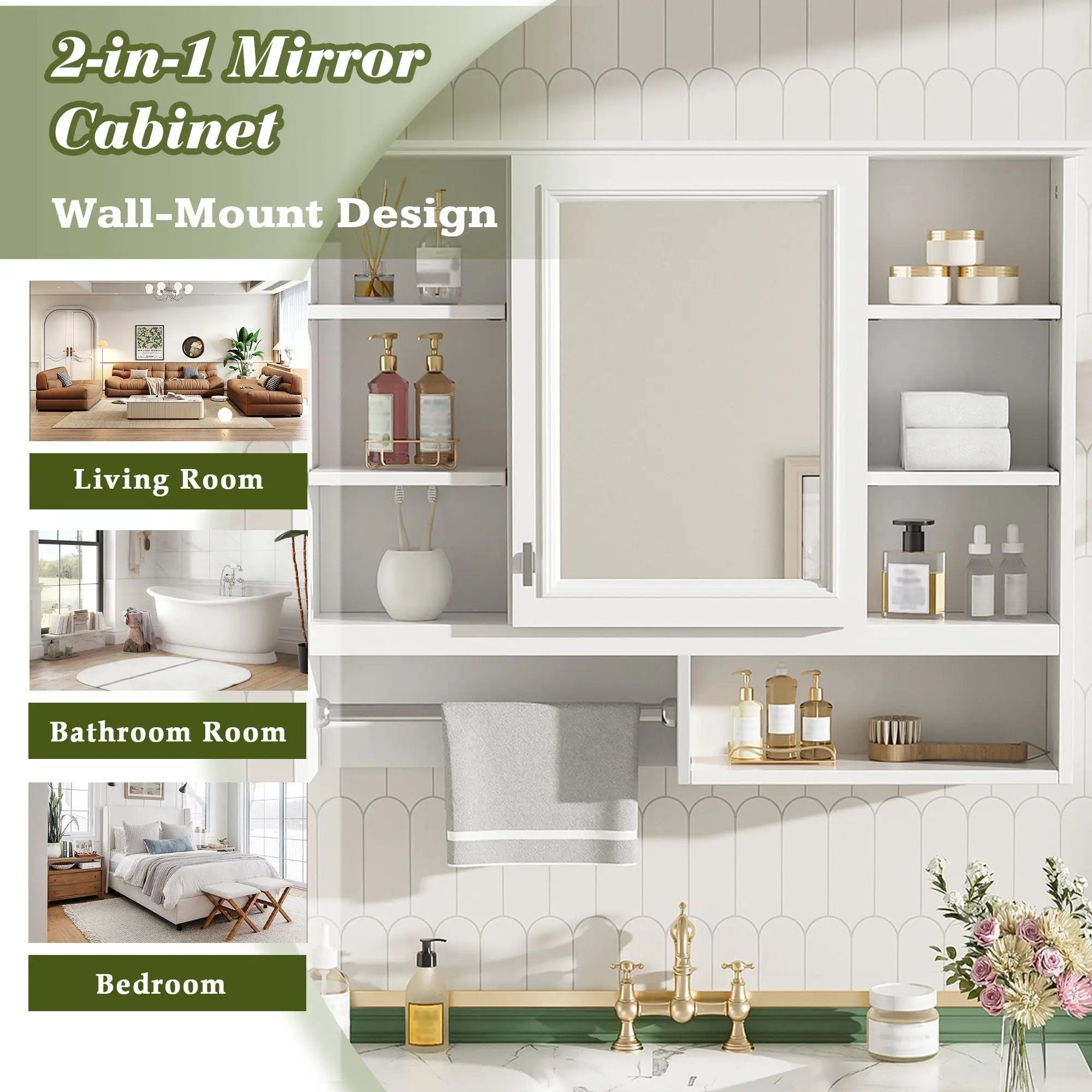 Wall Mount 2 In 1 Mirror Cabinet With Adjustable Shelves, Open Storage, For Bathroom Vanity - White by HouseOfZazla