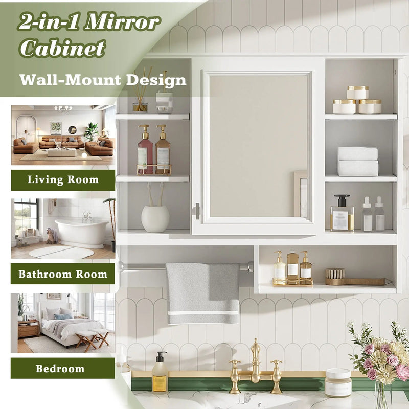 Wall Mount 2 In 1 Mirror Cabinet With Adjustable Shelves, Open Storage, For Bathroom Vanity - White by HouseOfZazla