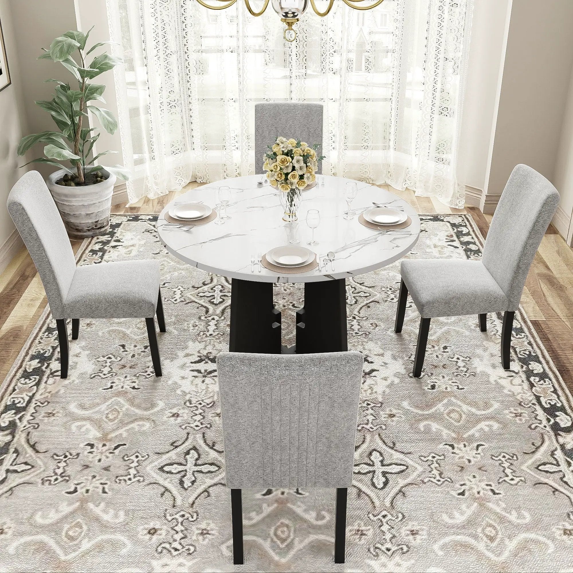 5 Piece Round Dining Table Set, Dining Table And 4 Upholstered Chairs For Dining Room, Kitchen Room, Living Room - White / Gray by HouseOfZazla