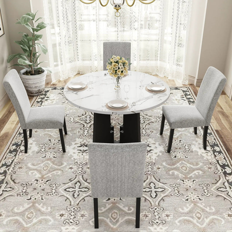 5 Piece Round Dining Table Set, Dining Table And 4 Upholstered Chairs For Dining Room, Kitchen Room, Living Room - White / Gray by HouseOfZazla