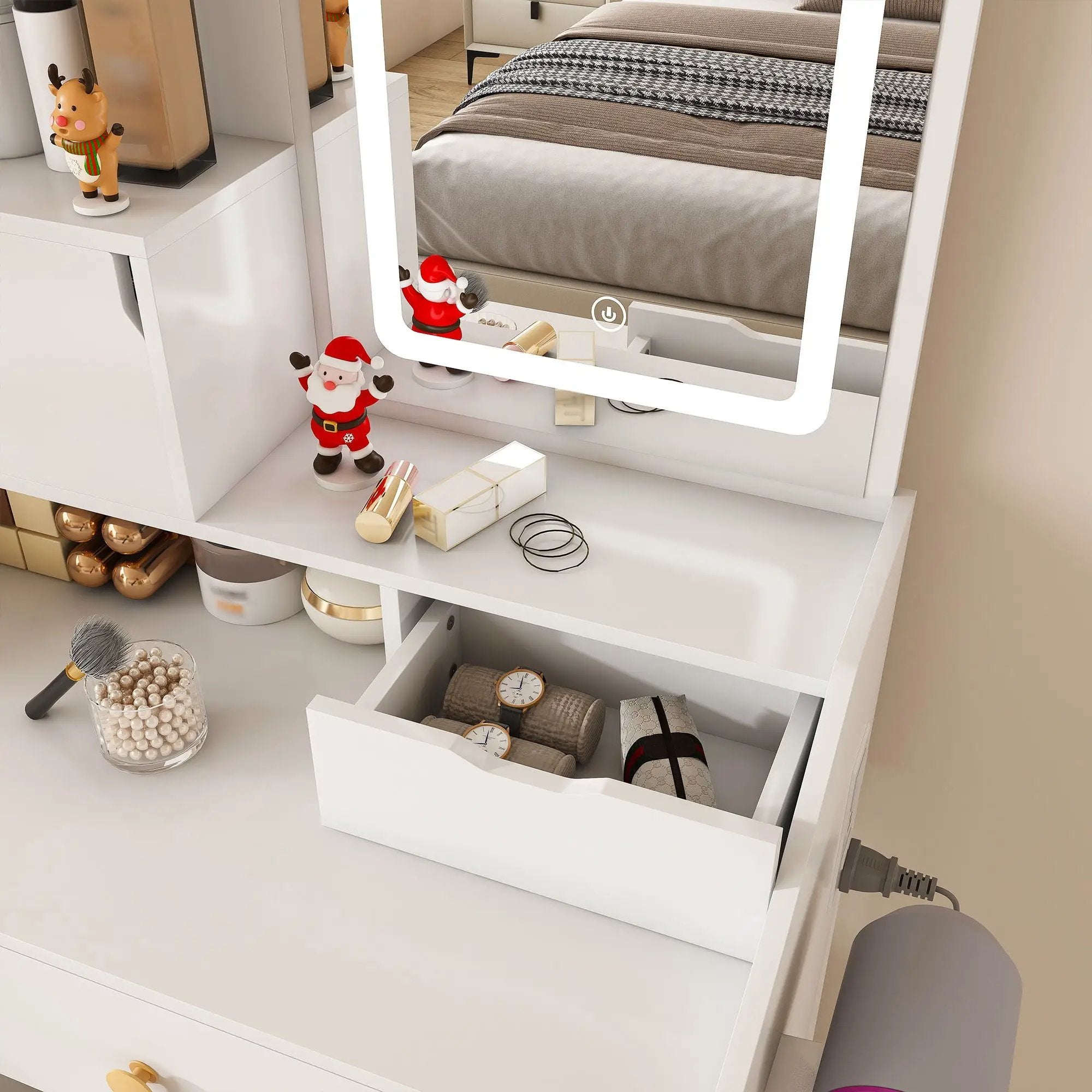 LED Vanity Mirror With Stool, 2 Drawers & 5 Storage Cabinets, Adjustable Lighting Mdf Dressing Table For Bedroom - White