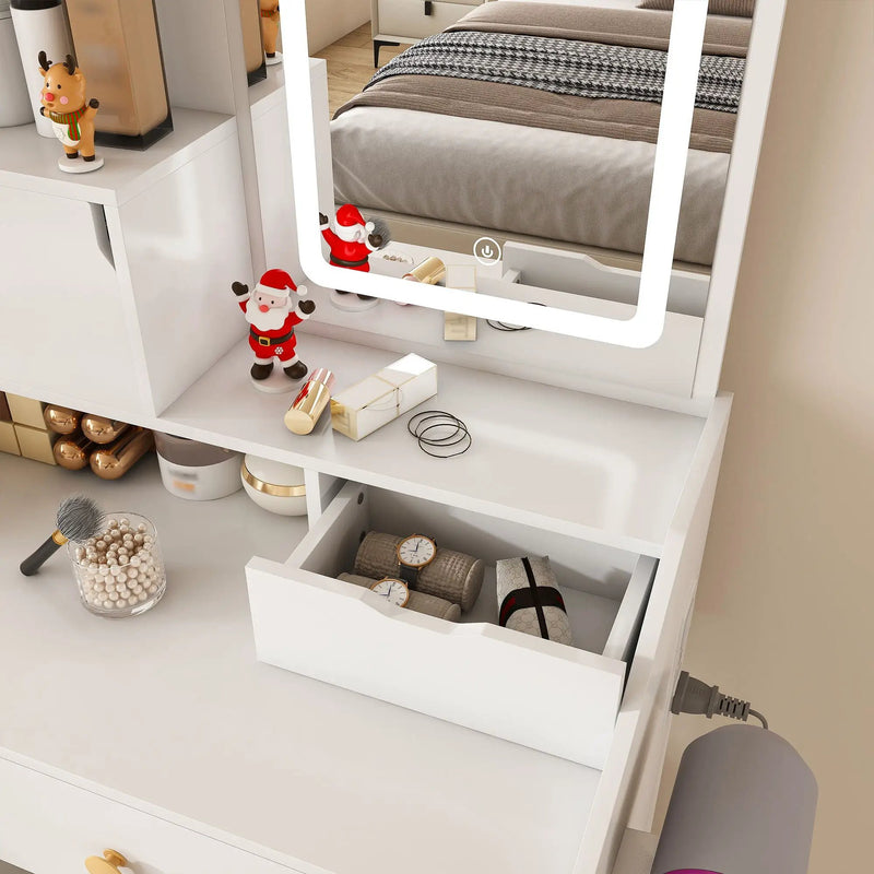 3 Color LED Vanity Mirror With Stool, Dressing Table For Bedroom, 2 Drawers & 5 Storage Cabinets (4 Open + 1 Hidden), Adjustable Lighting - White by HouseOfZazla