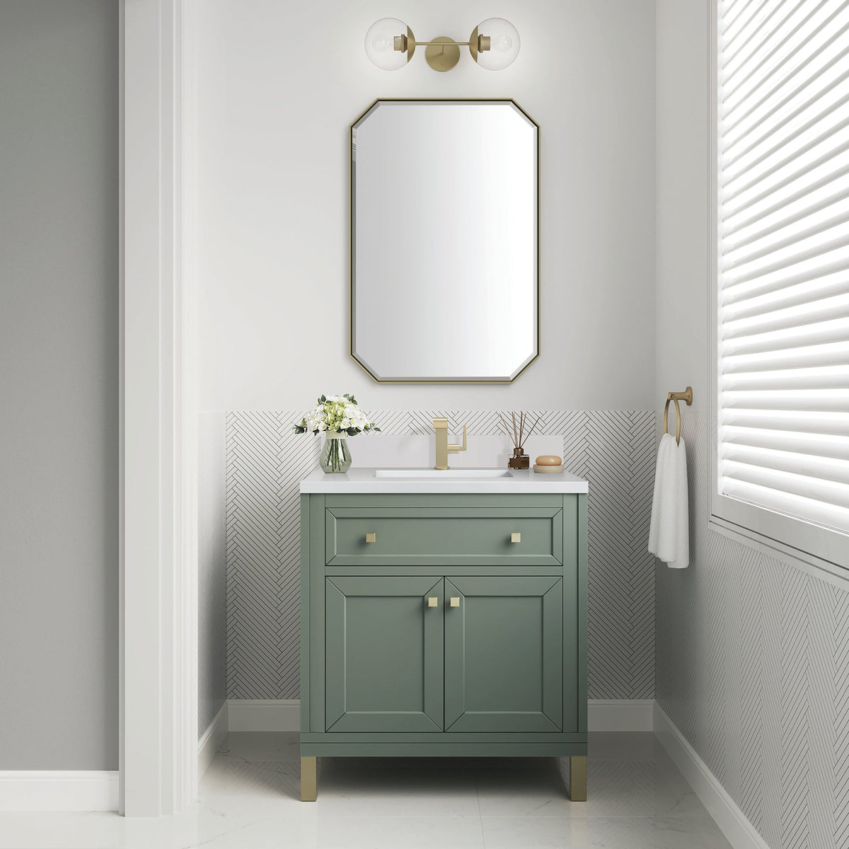 James Martin Chicago 30" Single Bathroom Vanity, Smokey Celadon with White Zeus (Single Hole, with Backsplash) countertop