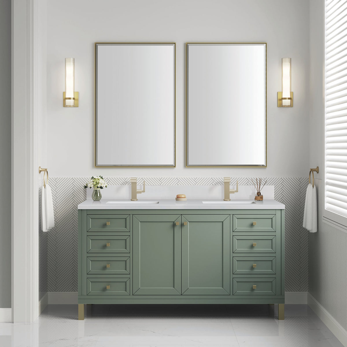 James Martin Chicago 60" Double Bathroom Vanity, Smokey Celadon with White Zeus (Single Hole, with Backsplash) countertop