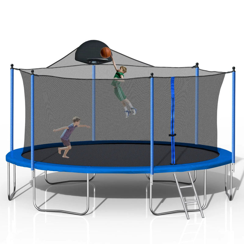 14Ft Trampoline For Adults & Kids With Basketball Hoop, Outdoor Trampolines With Ladder And Safety Enclosure Net For Kids And Adults, Double-Side Color Cover - Blue by HouseOfZazla