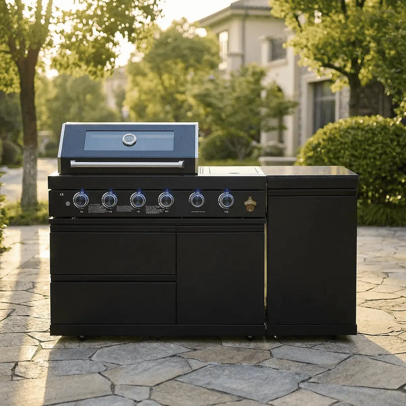 65" 4-Burner 72,000 BTU Black Outdoor Kitchen Island Grill +Side Burner + Marble Countertops by Chery Industrial