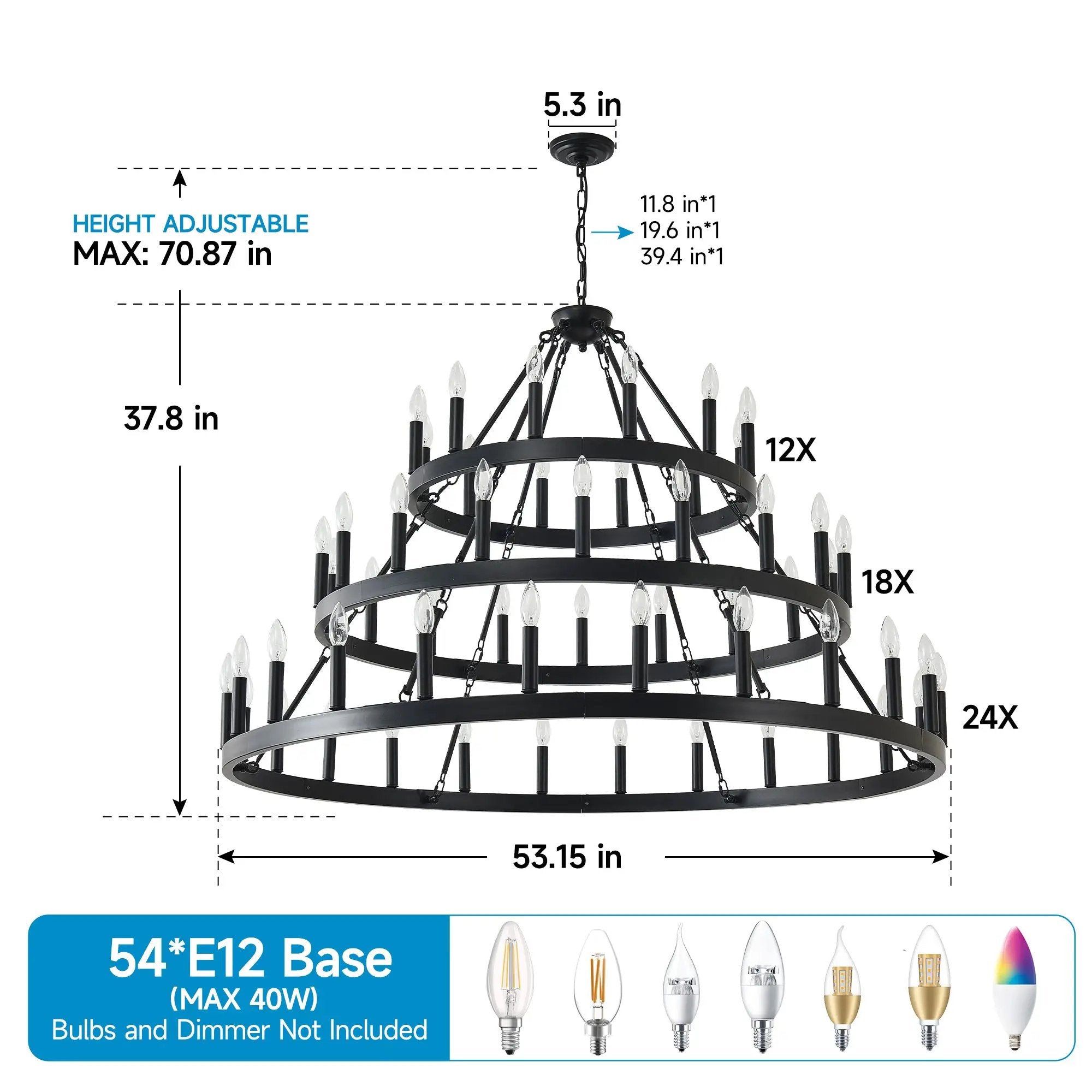3 Tiers Wagon Wheel Chandelier - 54-Light Matte Black Metal by HouseOfZazla