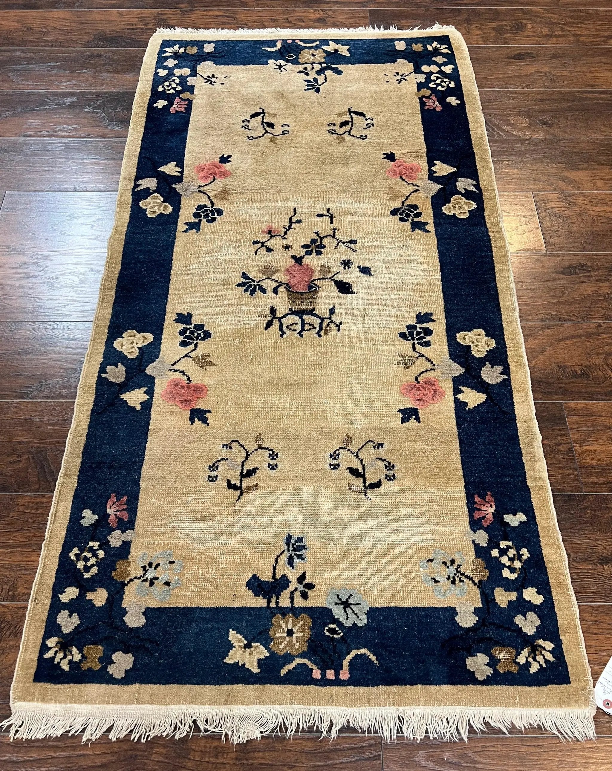 Antique Chinese Peking Rug 3x6, Beige and Dark Blue Hand Knotted Handmade Asian Oriental Carpet, Floral Vases, Vintage Wool Art Deco Rug by Jewel Rugs