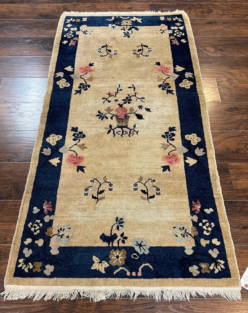 Antique Chinese Peking Rug 3x6, Beige and Dark Blue Hand Knotted Handmade Asian Oriental Carpet, Floral Vases, Vintage Wool Art Deco Rug by Jewel Rugs