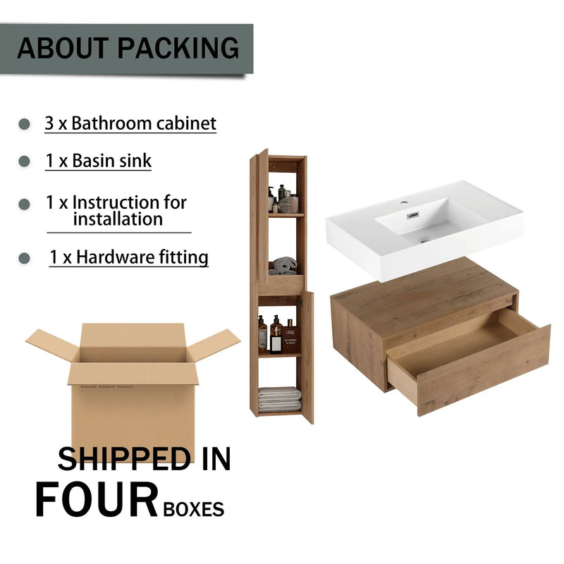 Modern Wall Mounted 30 Inch Bathroom Vanity With Resin Sink And 2 Side Cabinet In Imitative - Imitative Oak by HouseOfZazla
