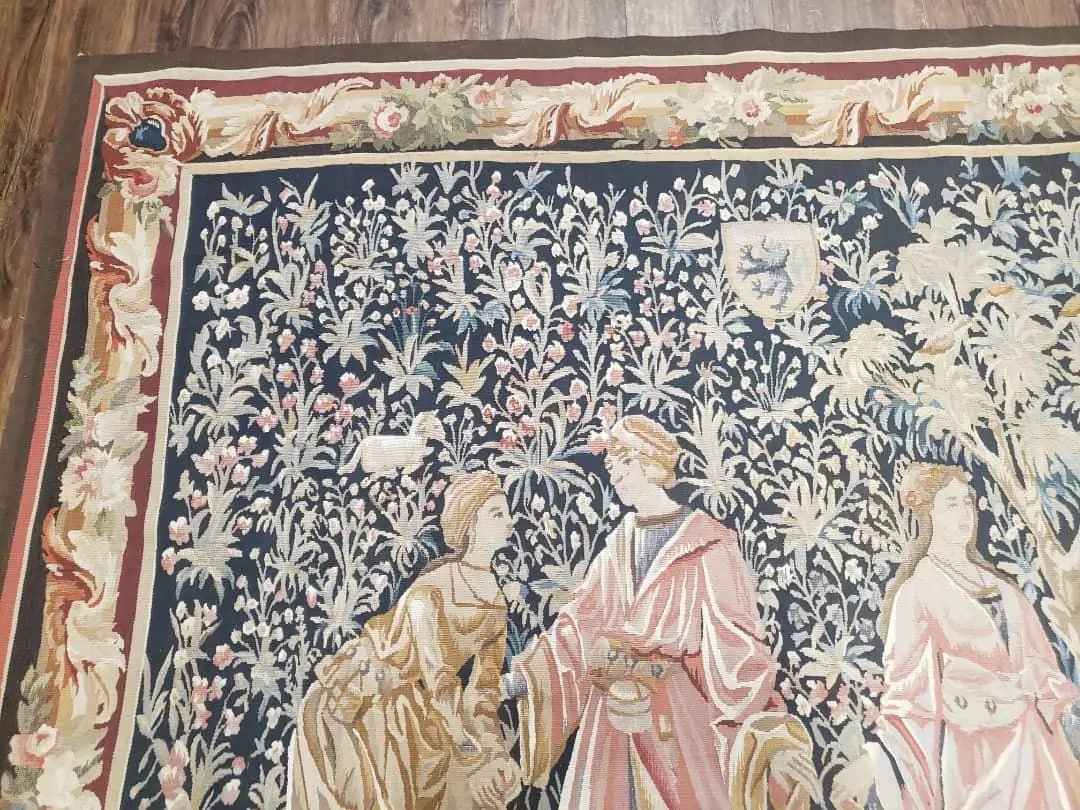 Vintage European Tapestry 5.4 x 7.11, Antique Style European Wall Hanging, Aubusson Weave Handmade Tapestry, Courtship Dating Scene, Animals by Jewel Rugs