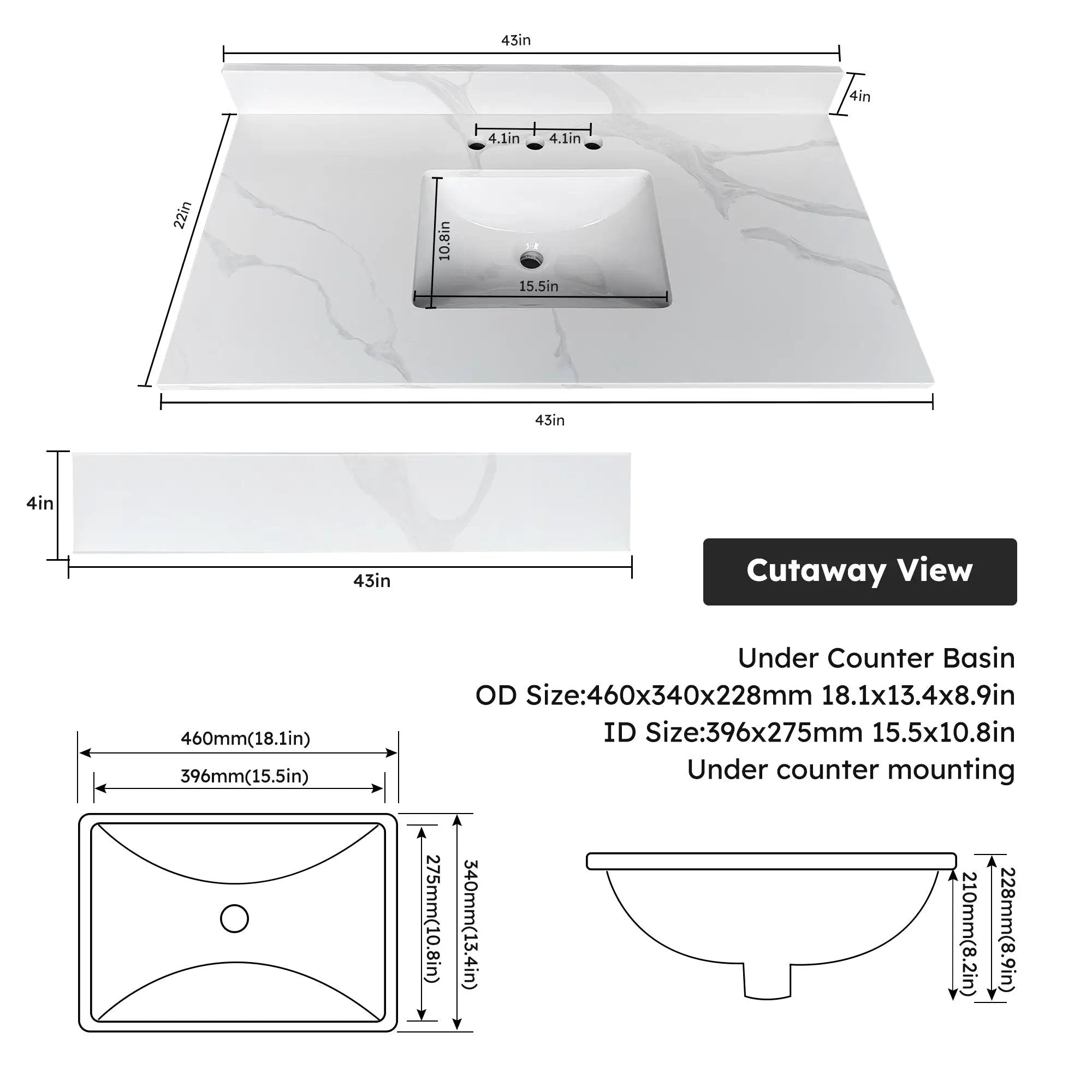 43-Inch Quartz Bathroom Vanity Top by HouseOfZazla