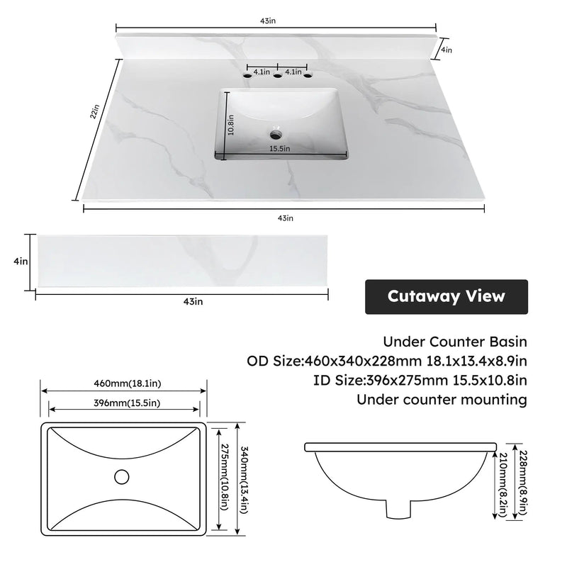 43-Inch Quartz Bathroom Vanity Top by HouseOfZazla