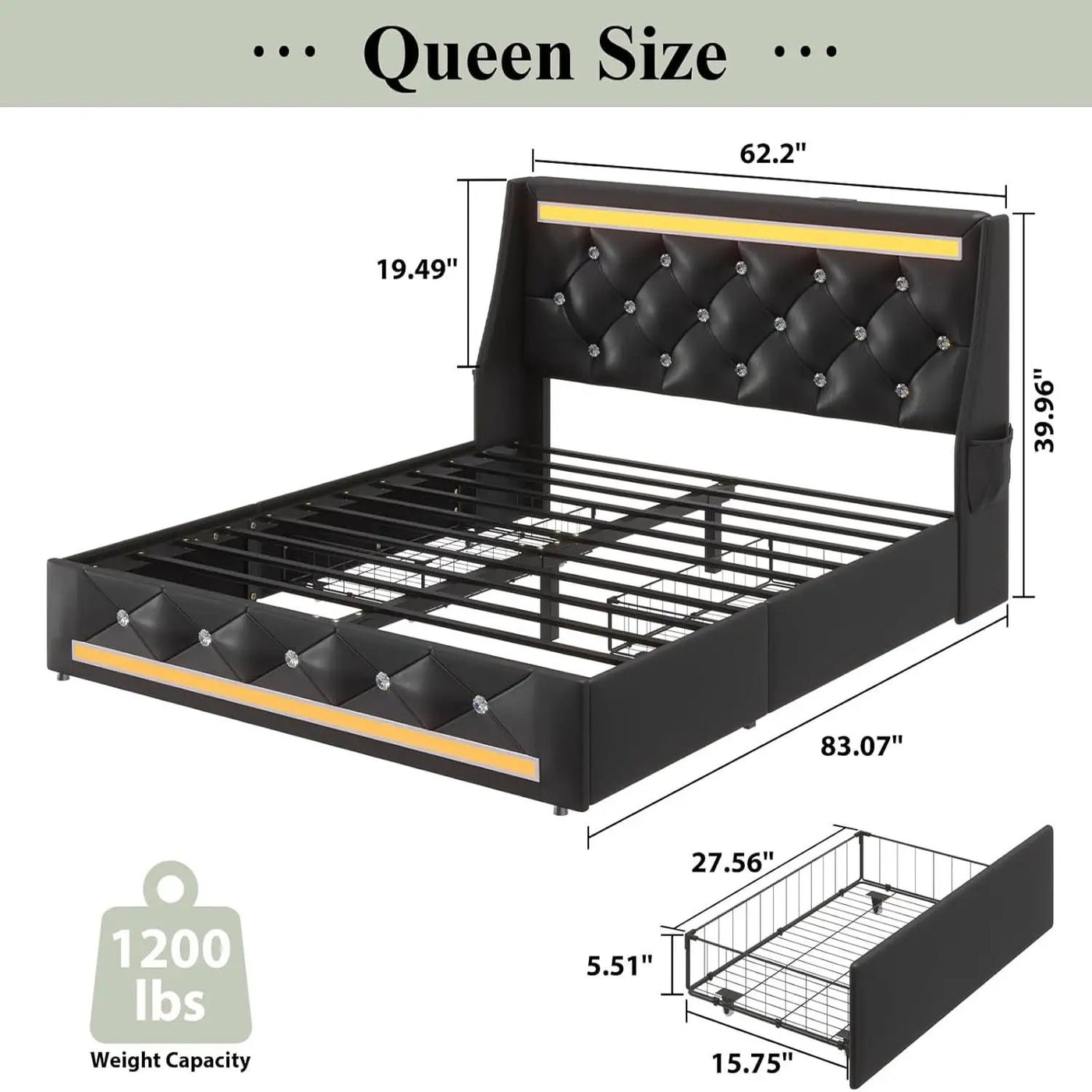 Wingback Upholstered Bed Frame With LED Lights, Charging Station by HouseOfZazla