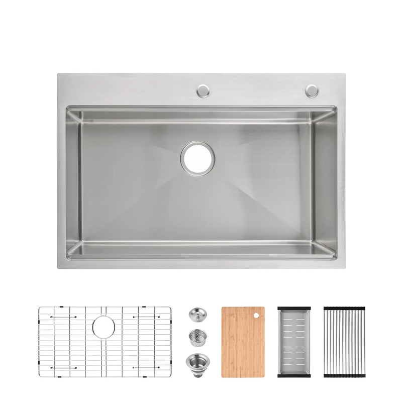 Stainless Steel Kitchen Sink, 33"x22" Single Bowl, Overmount Handmade Sink in Brushed by HouseOfZazla
