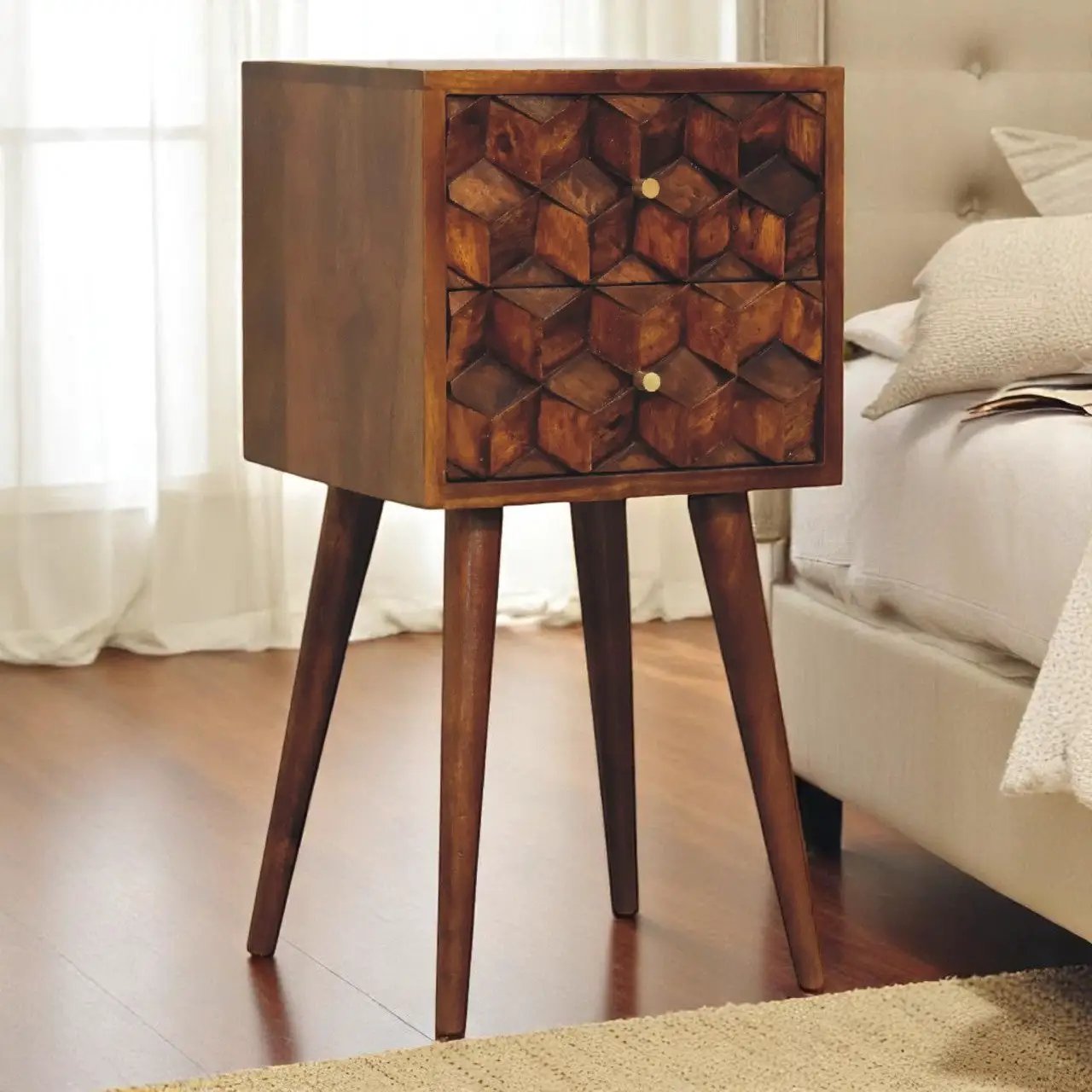 Solid Wood Mini Cube Nightstand, 2-Drawers, Chestnut by HouseOfZazla