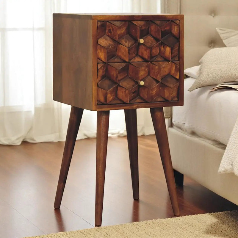 Solid Wood Mini Cube Nightstand, 2-Drawers, Chestnut by HouseOfZazla