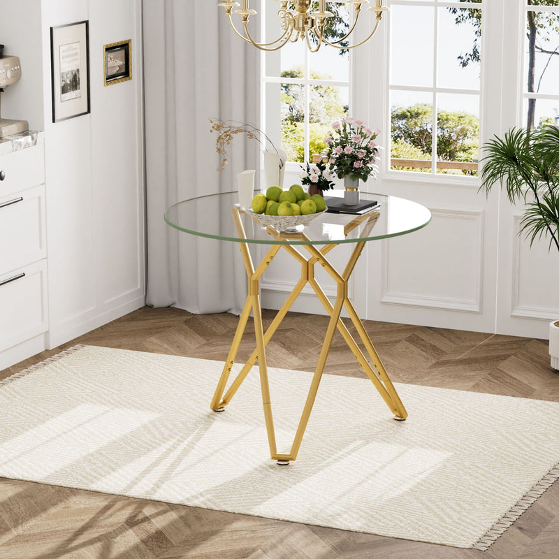 Modern Round Tempered Glass Dining Table With Sturdy Metal Legs For 1 - 4 People - Gold by HouseOfZazla
