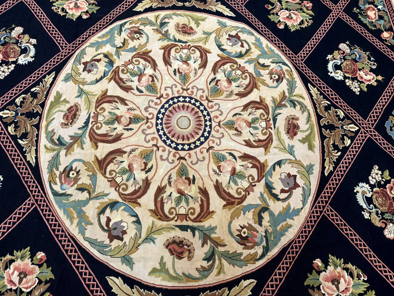 Palace Size Needlepoint Rug 12x20, European French English Aubusson Floral Design, Black and Beige by Jewel Rugs