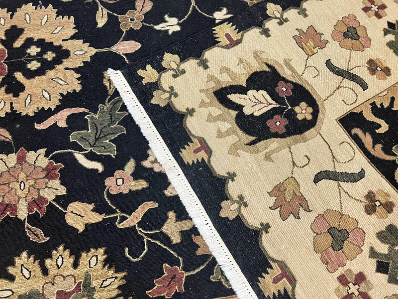 Indo Persian Rug 10x14, Wool Handmade Room Sized Floral Oriental Carpet, Indian Mahal Flatweave Rug, Black Beige by Jewel Rugs