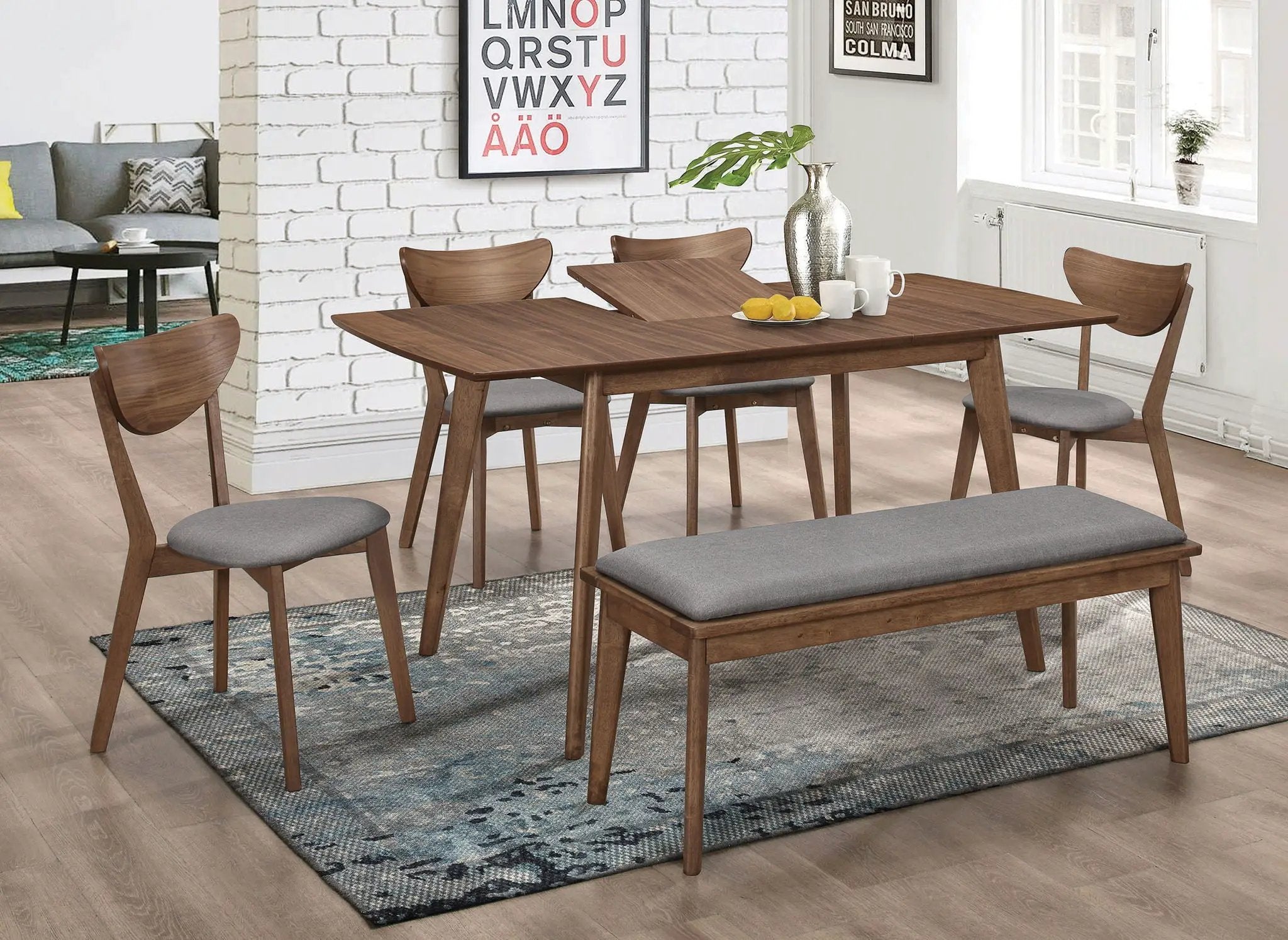 Alfredo Upholstered Dining Bench Grey and Natural Walnut by Unique Piece Furniture