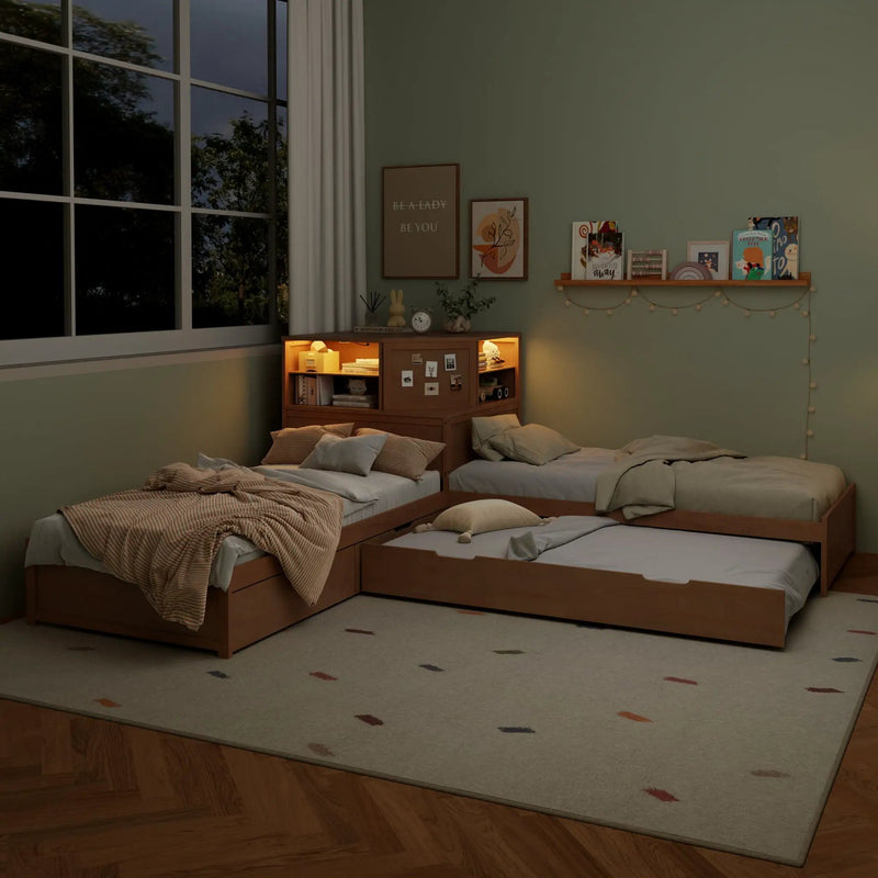 L-Shaped Bed Frame With Trundle, Built In Desk & LED Lighting by HouseOfZazla