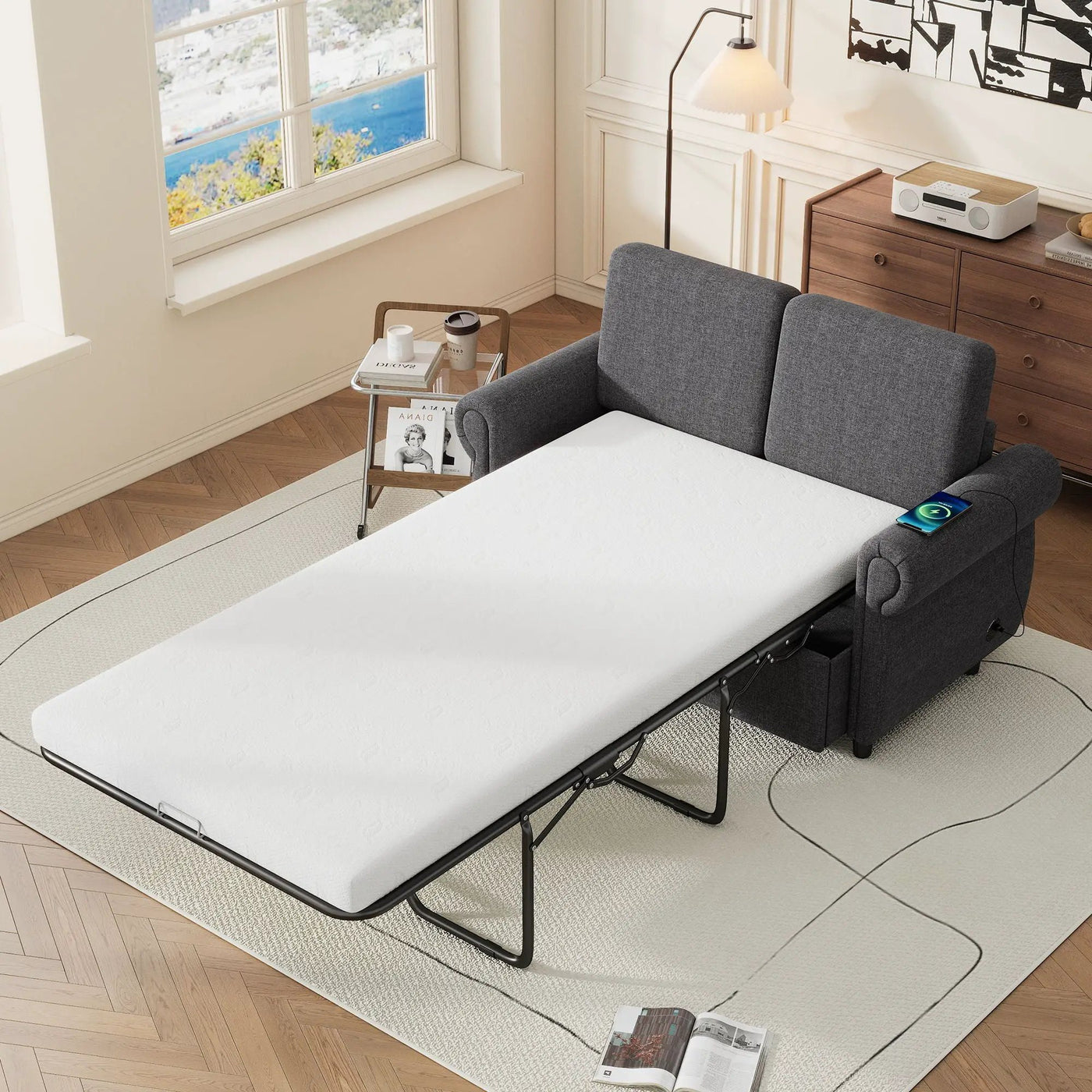 Pull Out Sofa Bed Loveseat Sleeper With Twin Size Memory Mattress With Two USB Ports For Living Room Spaces by HouseOfZazla