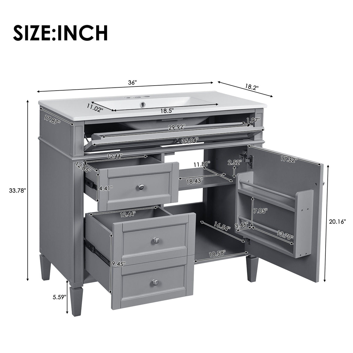 36" Bathroom Vanity with Ceramic Sink and Storage Drawers - Multiple Colors, photo 11 of 20