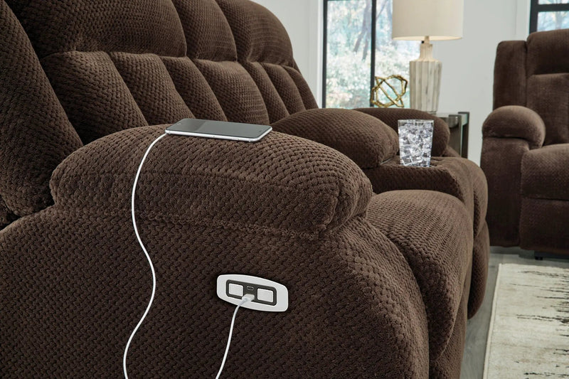 Free Wake - Double Relcining Power Loveseat With Console - Chocolate by Unique Piece Furniture