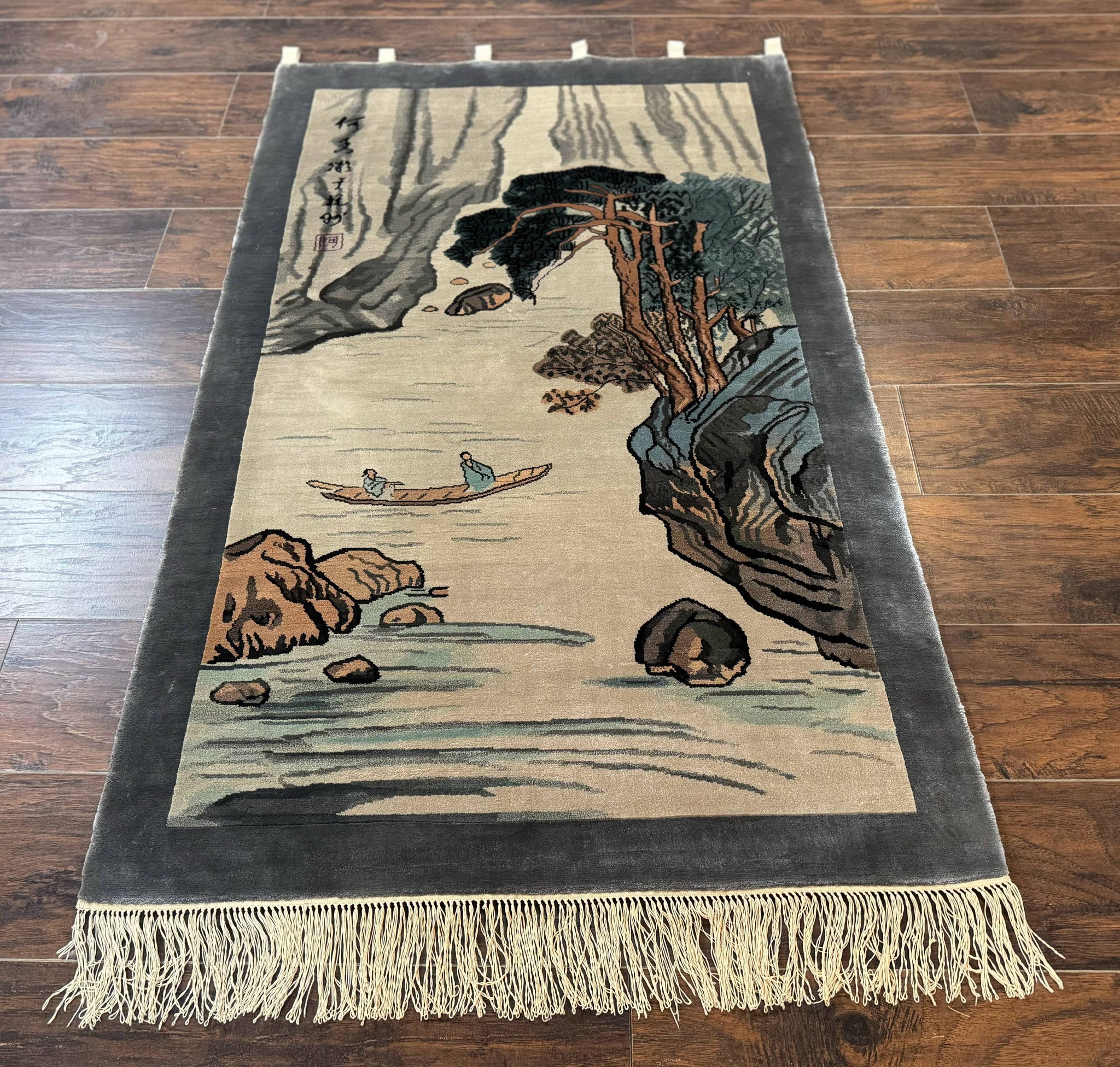 Chinese Silk Wall Hanging 3x5, Handmade, River and Boat Scene, Rug Tapestry by Jewel Rugs