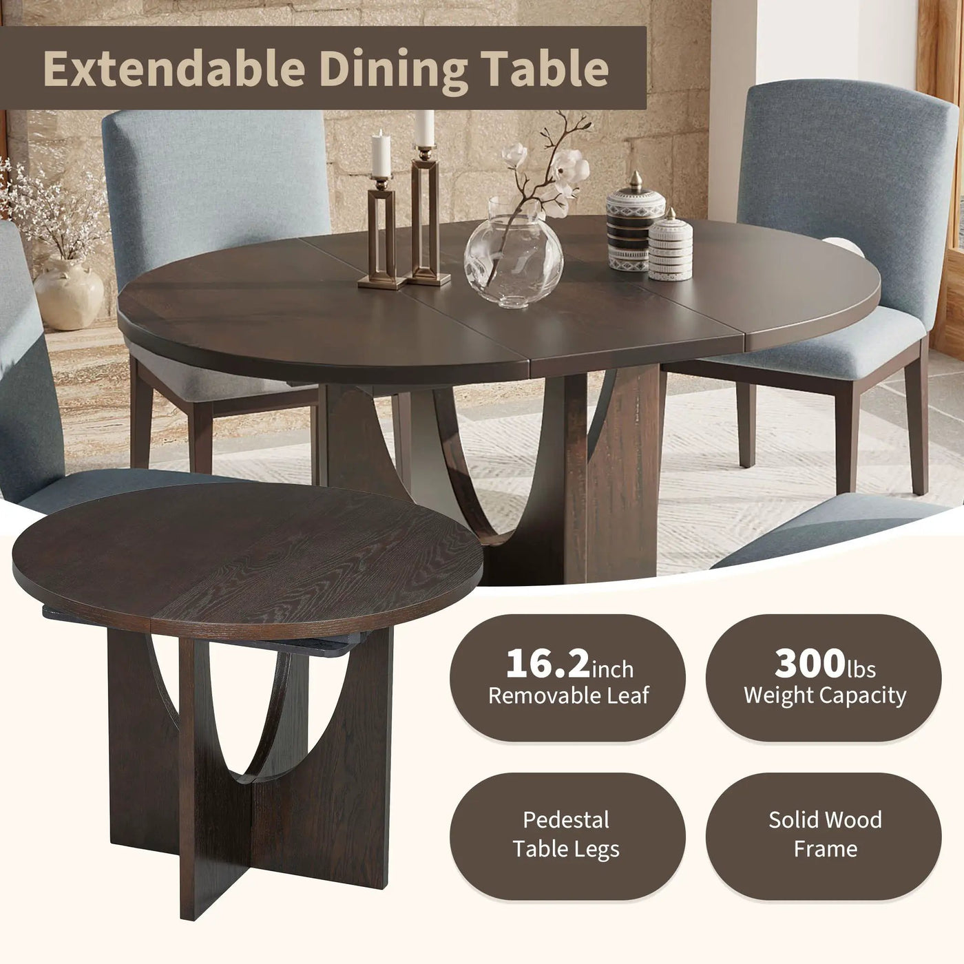 Topmax - 5 Piece Modern Extendable Round Dining Table Set With Removable Leaf For Small Places by Unique Piece Furniture