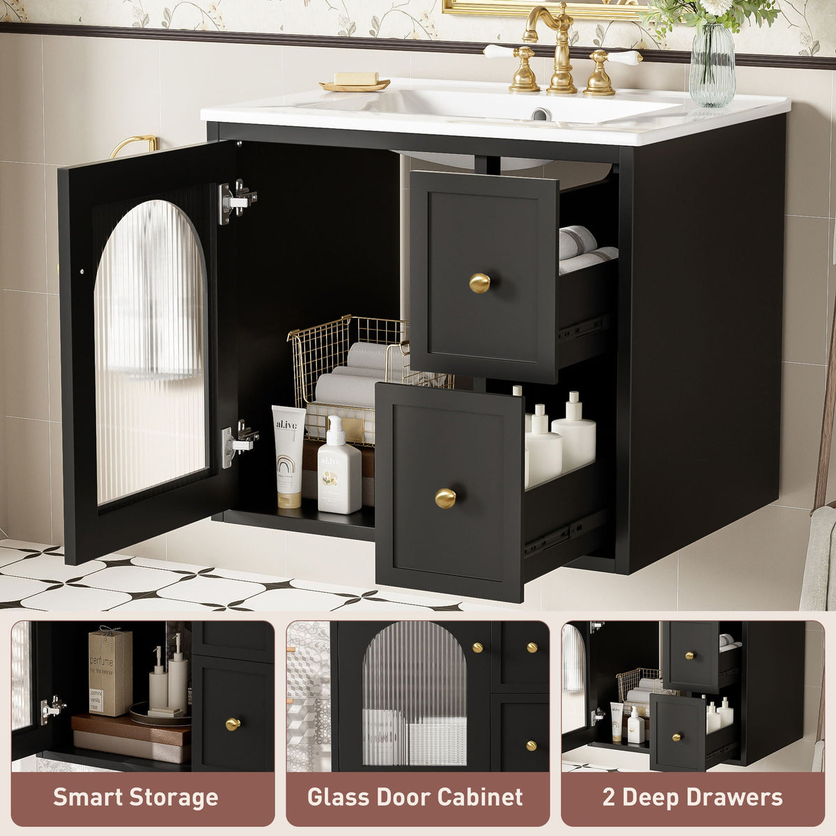 Wall-Mounted Bathroom Vanity Set With Sink, 2 Drawers And Soft-Close Door, photo 9 of 21