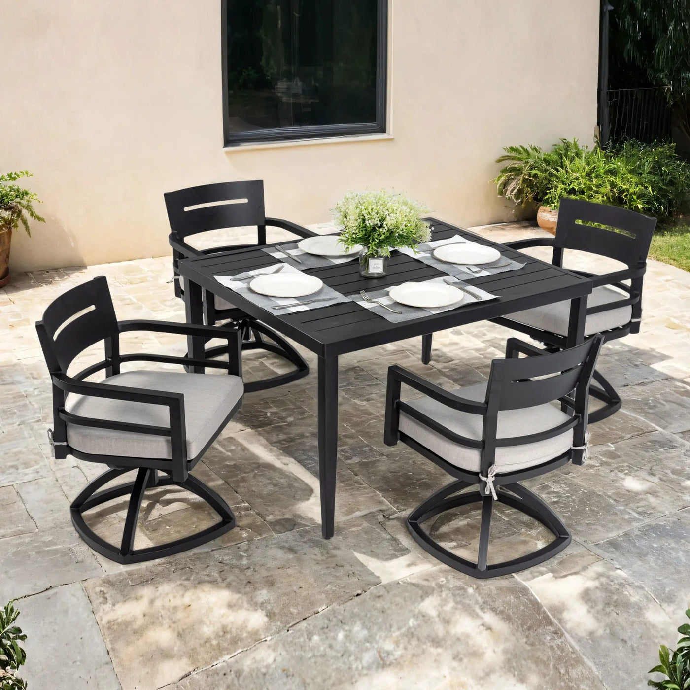 Outdoor Modern Dining Set, Chairs Sunbrella Cushioned And Dining Table With Umbrella Hole by Unique Piece Furniture