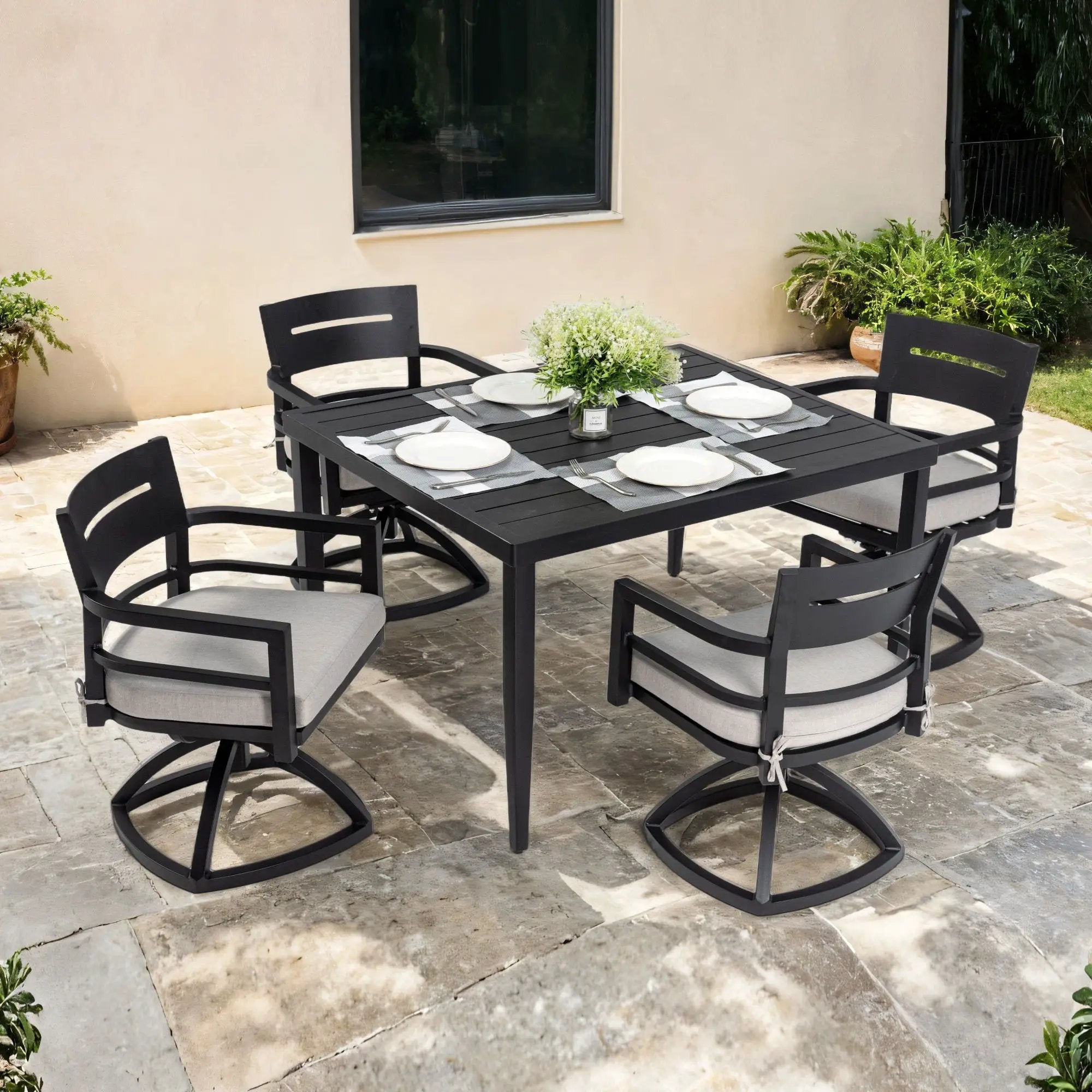 Outdoor Modern Dining Set, Chairs Sunbrella Cushioned And Dining Table With Umbrella Hole by HouseOfZazla