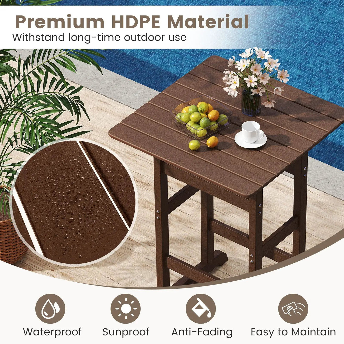 30 Inch Square Bar Table Dining Table with Slatted Tabletop for Poolside by DirectDeals
