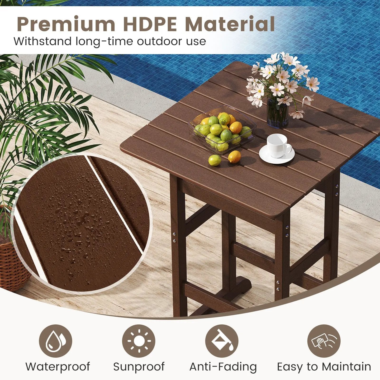 30 Inch Square Bar Table Dining Table with Slatted Tabletop for Poolside by DirectDeals