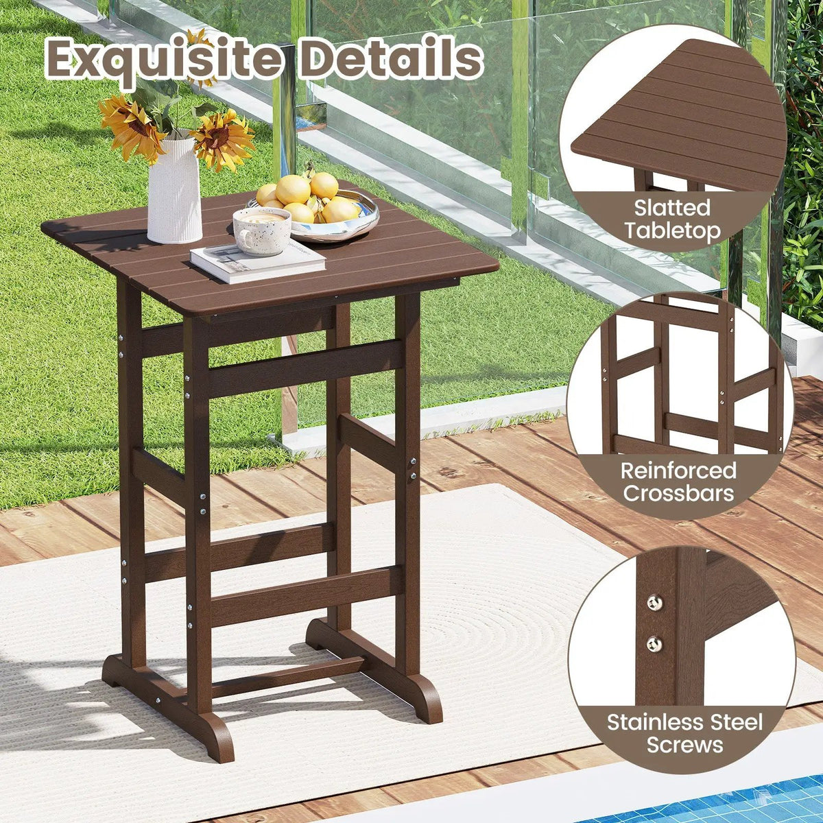 30 Inch Square Bar Table Dining Table with Slatted Tabletop for Poolside by DirectDeals