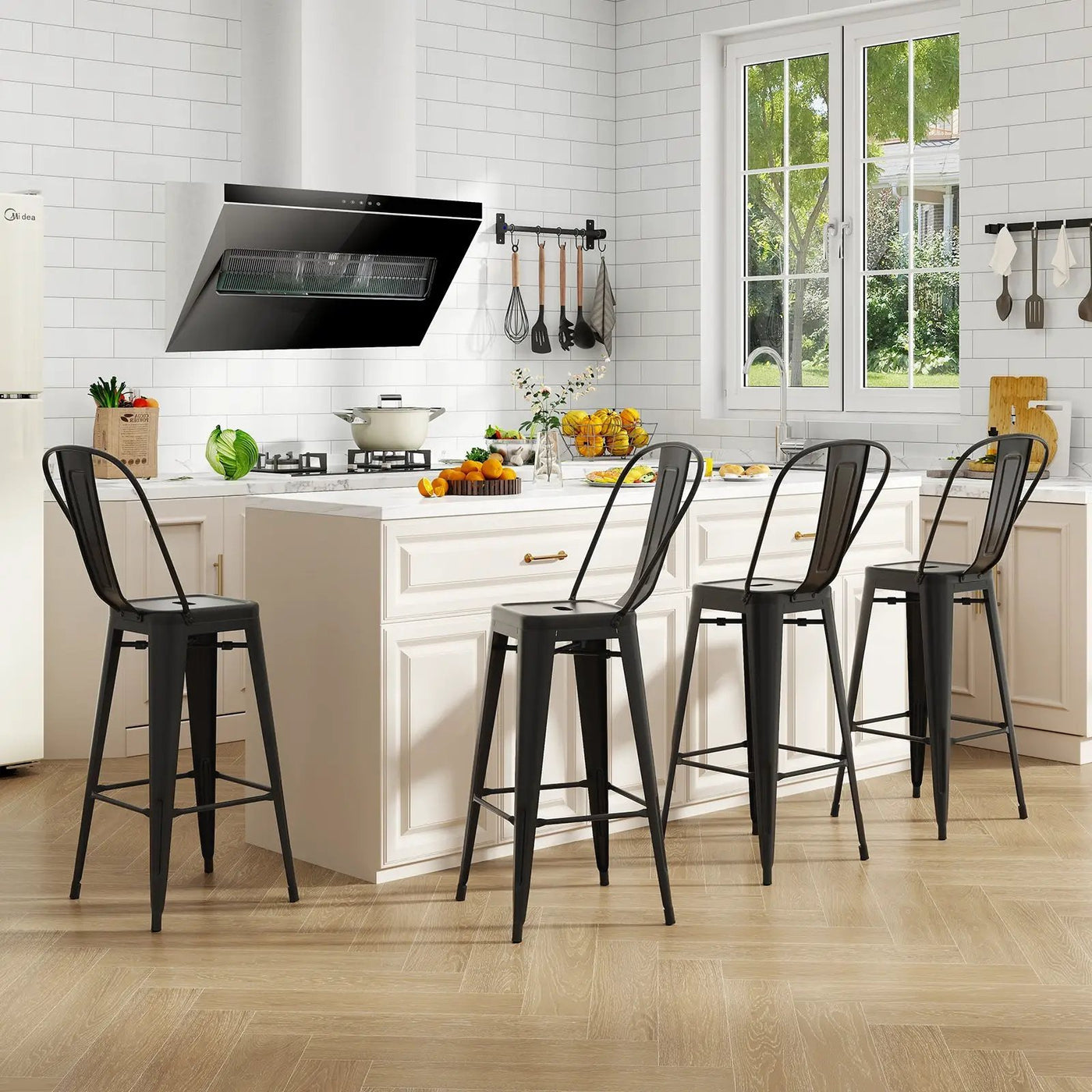 Set of 4 Bar Height Chairs Stackable Metal Bar Stools with Removable Backrest by DirectDeals