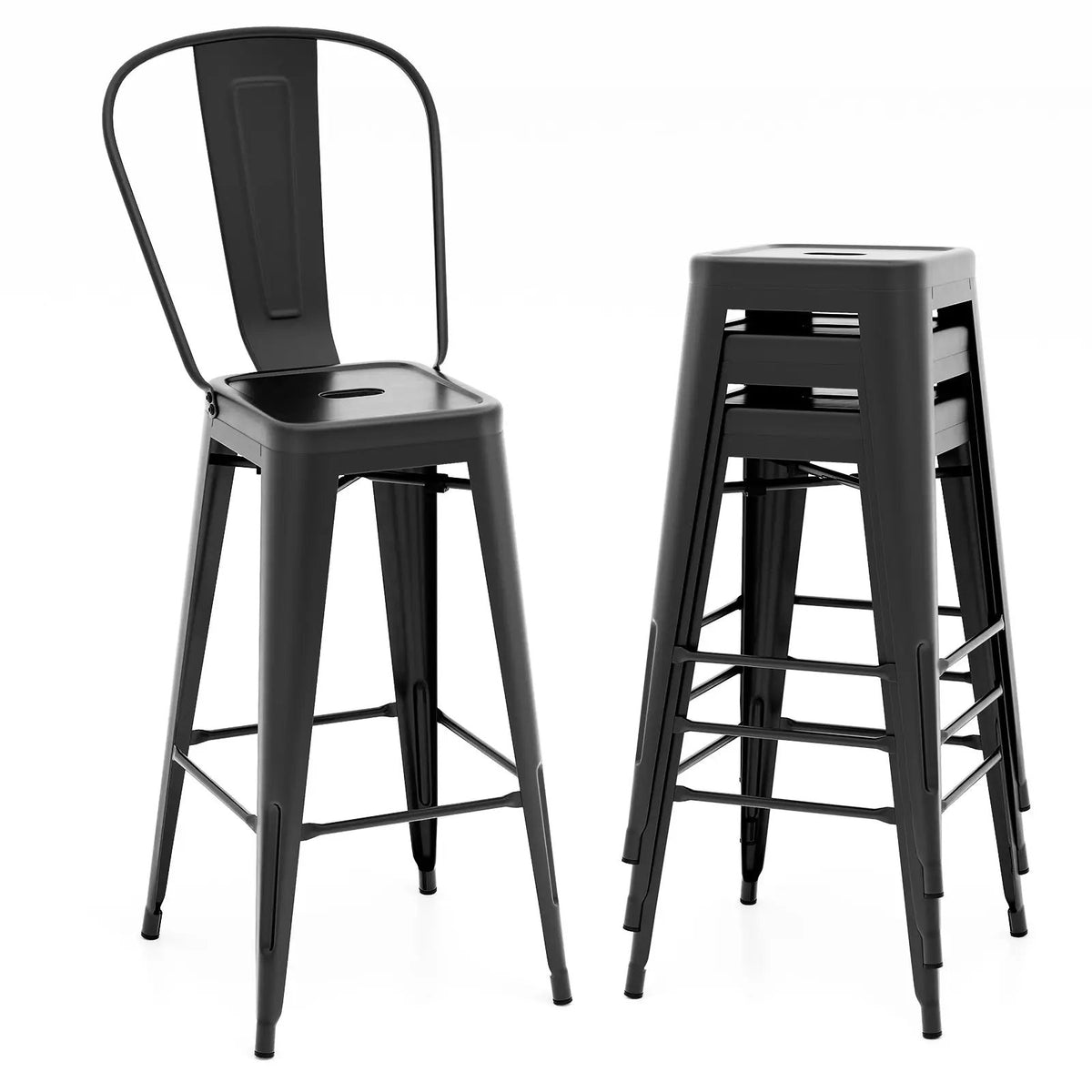Set of 4 Bar Height Chairs Stackable Metal Bar Stools with Removable Backrest by DirectDeals