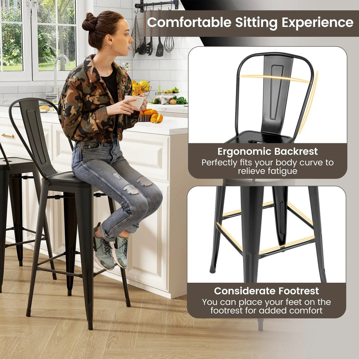 Set of 4 Bar Height Chairs Stackable Metal Bar Stools with Removable Backrest by DirectDeals