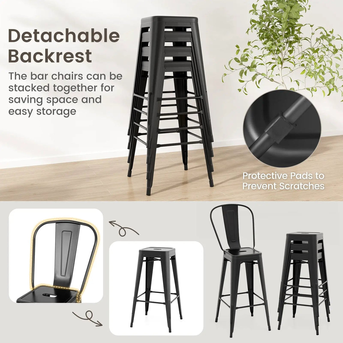 Set of 4 Bar Height Chairs Stackable Metal Bar Stools with Removable Backrest by DirectDeals