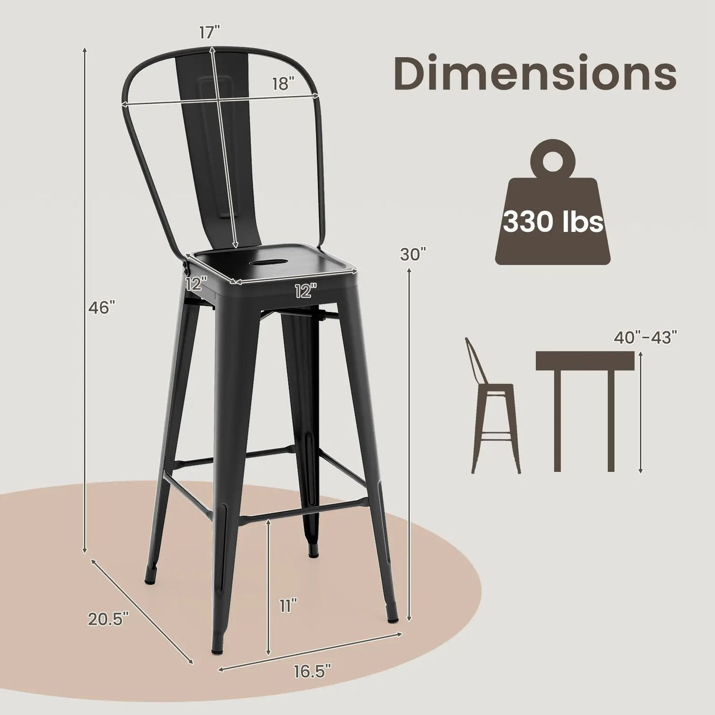 Set of 4 Bar Height Chairs Stackable Metal Bar Stools with Removable Backrest by DirectDeals