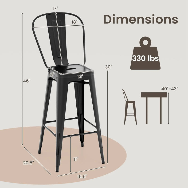 Set of 4 Bar Height Chairs Stackable Metal Bar Stools with Removable Backrest by DirectDeals