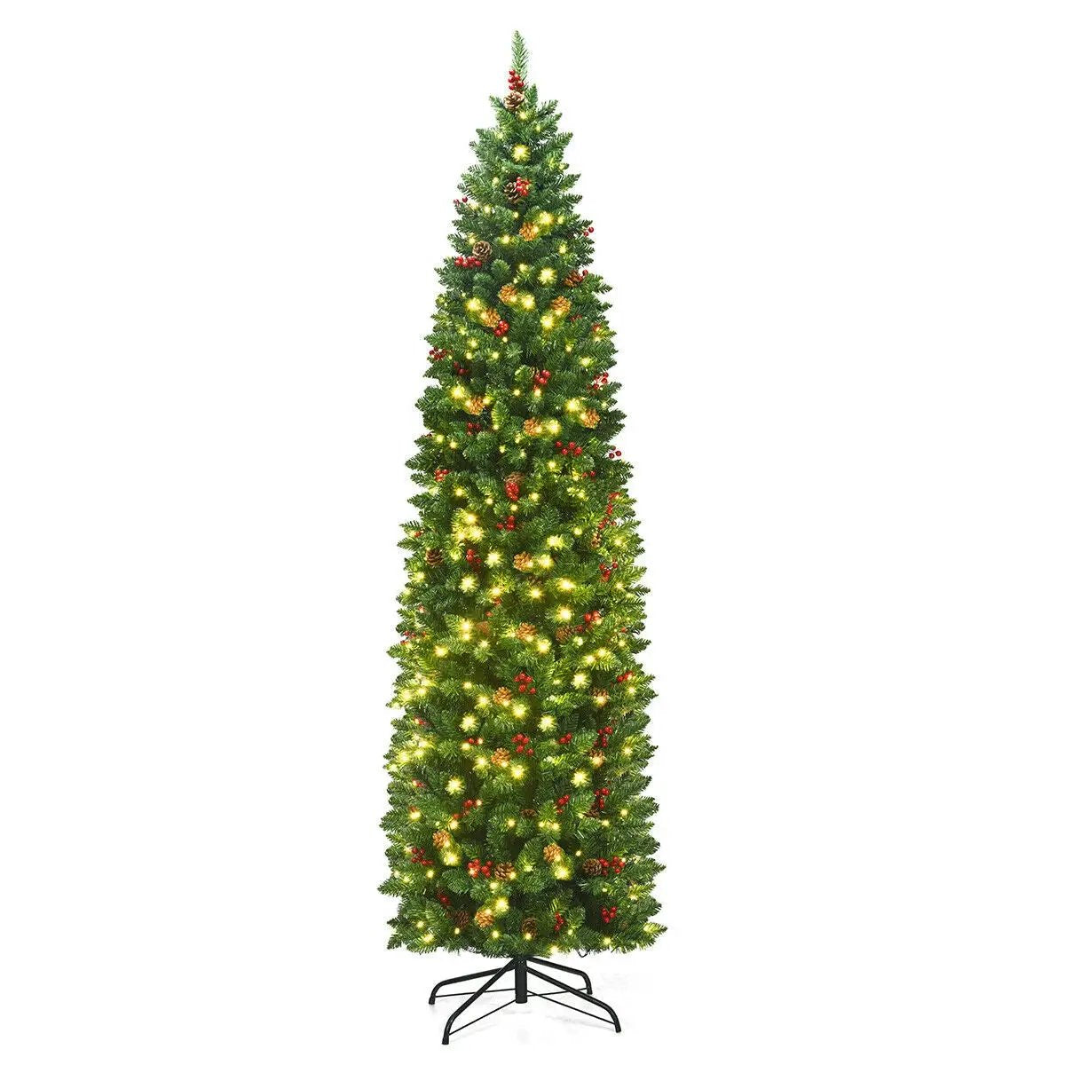 7.5 Feet Pre-lit Hinged Pencil Christmas Tree with Pine Cones Red Berries by DirectDeals