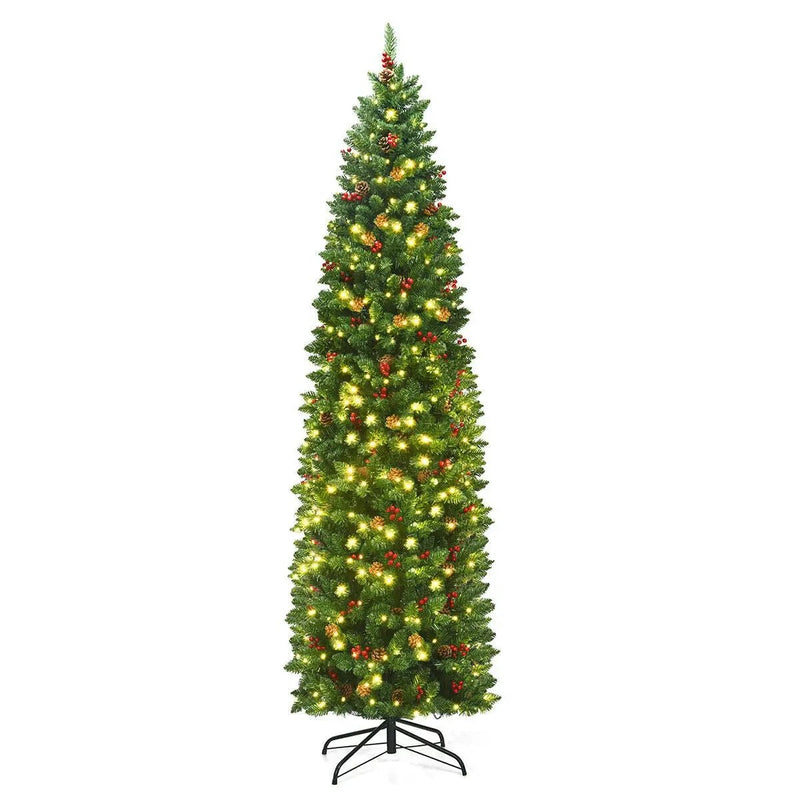 7.5 Feet Pre-lit Hinged Pencil Christmas Tree with Pine Cones Red Berries by DirectDeals