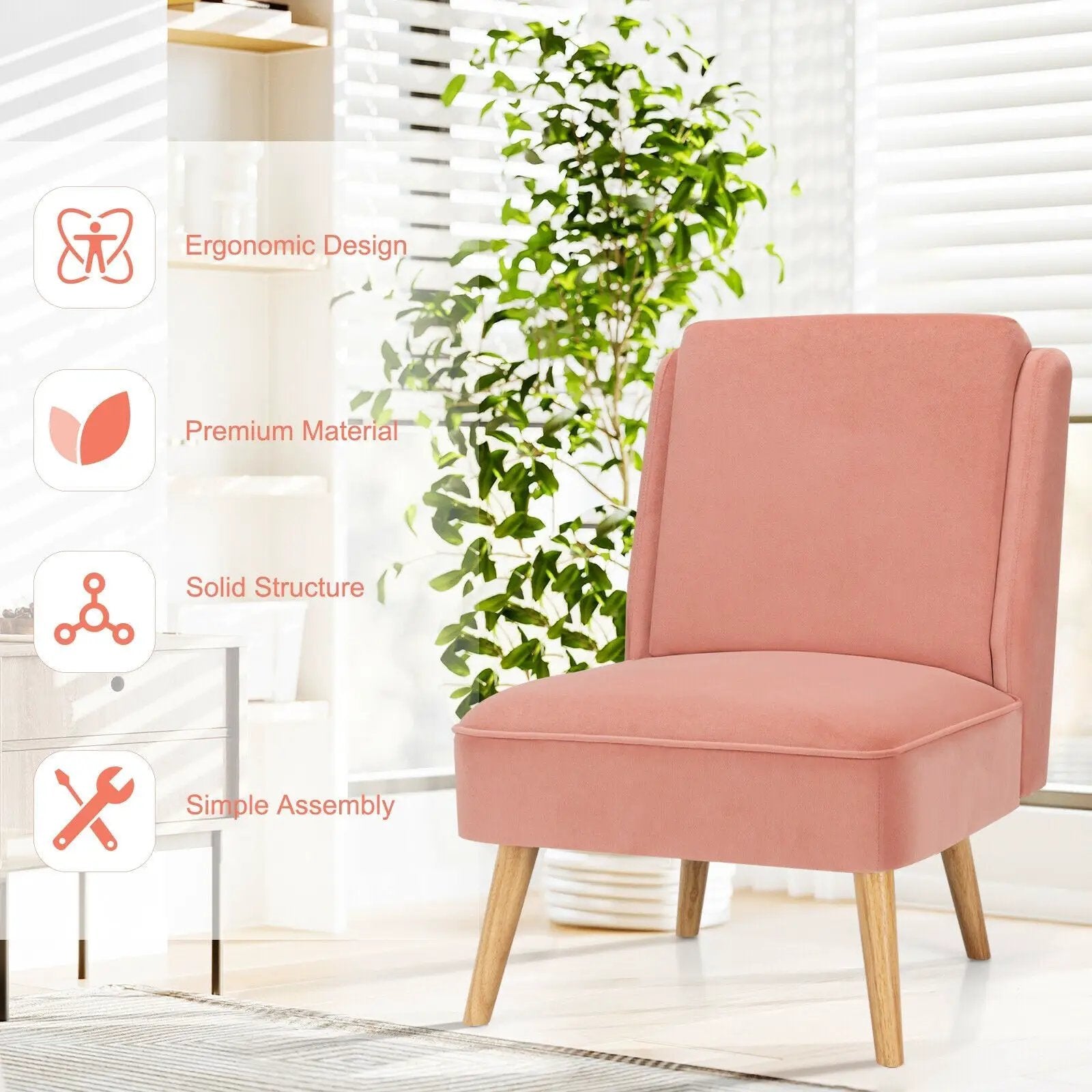 Velvet Accent Armless Side Chair with Rubber Wood Legs for Bedroom by DirectDeals